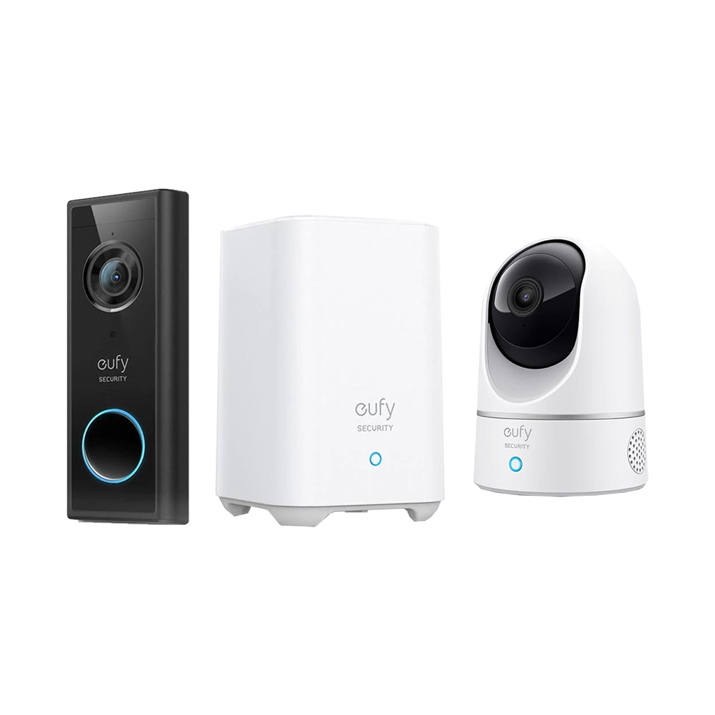 Eufy Security 2K (Battery Powered) Video Doorbell with Home Base 2 and Eufy Security eufy Indoor Cam - 2K with Pan and Tilt