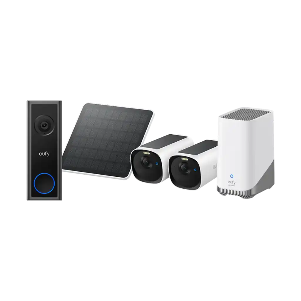 Eufy Security E40 2K Solar-Powered Battery 2 Camera Kit with Homebase 3 and Solar Panel and FREE Eufy C30 2K Video Doorbell