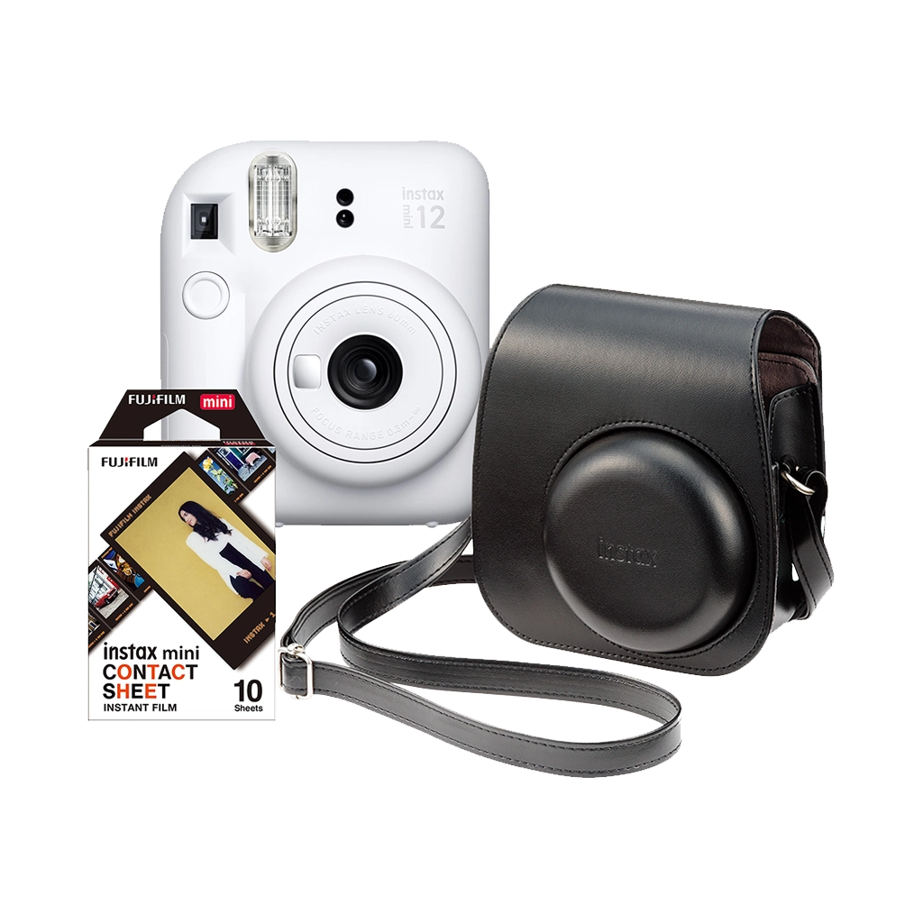 Fujifilm Instax Mini 12 Instant Film Camera (Clay White) with 1x Fujifilm Instax Mini Contact Sheet Film and Black Case