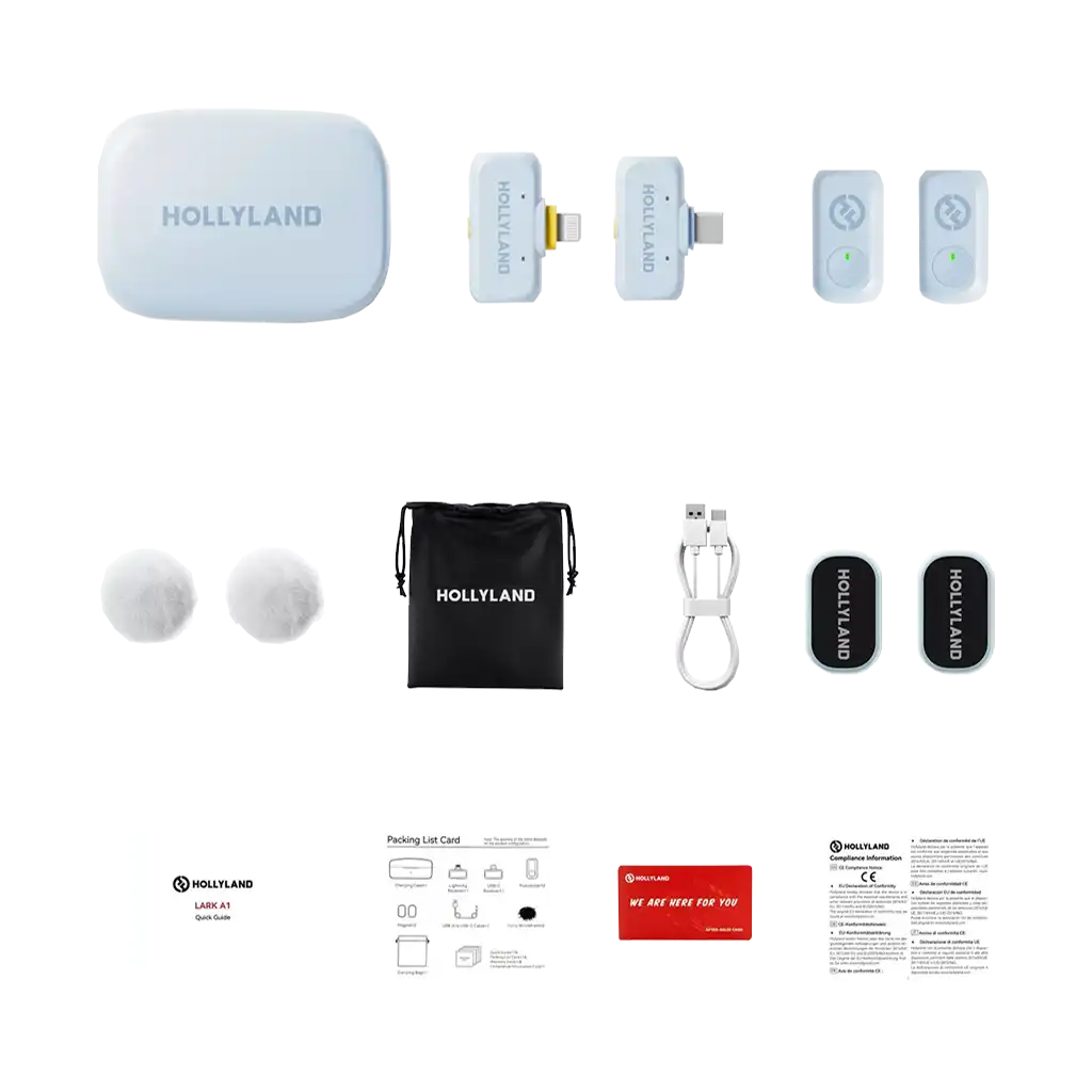 Hollyland LARK A1 Combo 2-Person Wireless Microphone System with USB-C and Lightning Connectors for Mobile Devices (Sky Blue, 2.4 GHz)