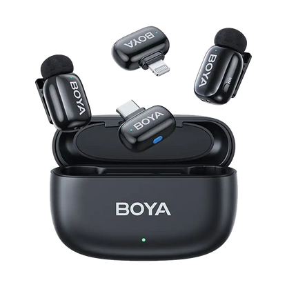 Boya mini 2-Person Tiny Wireless Microphone System with Lightning and USB-C Connectors for Mobile Devices (2.4 GHz, Black)