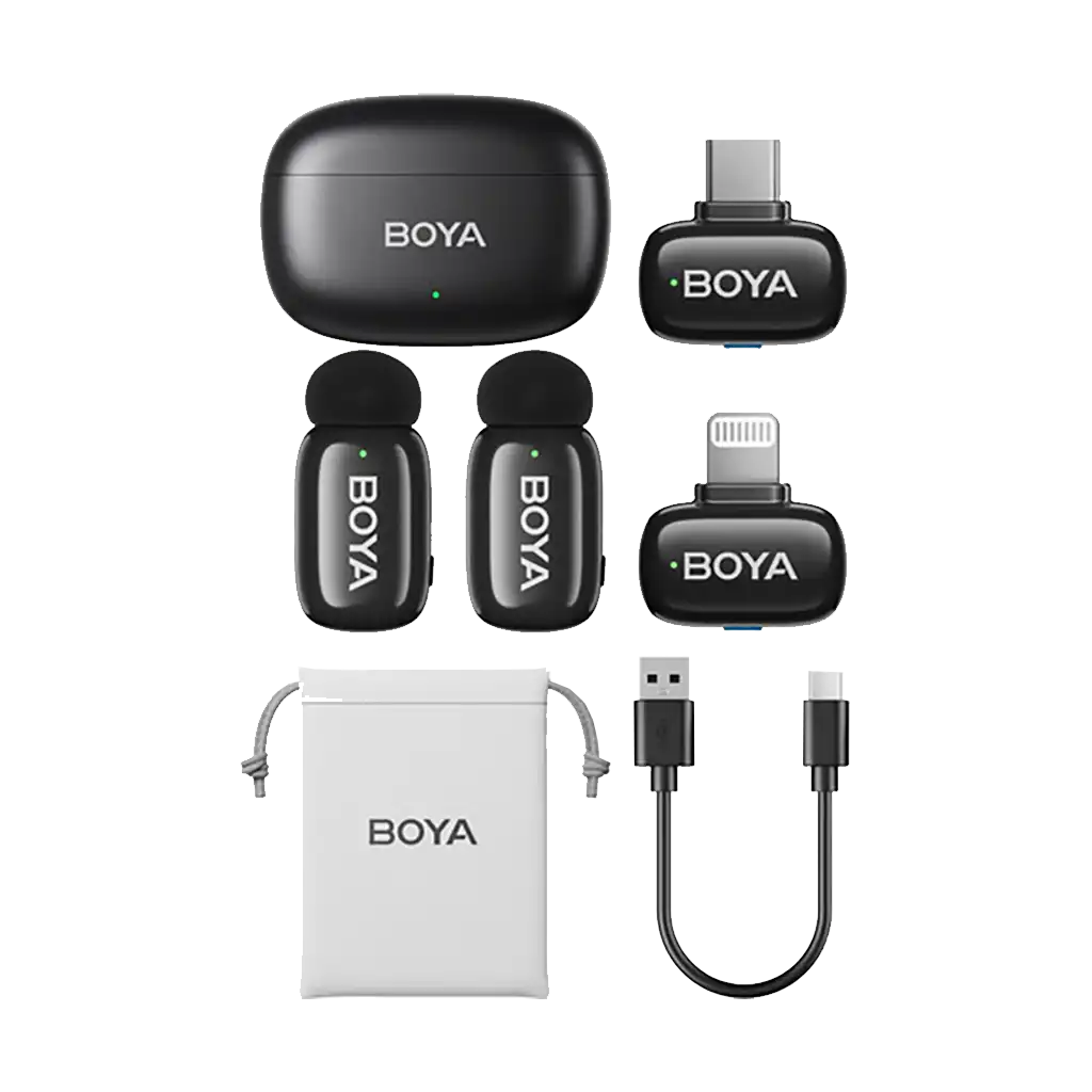 Boya mini 2-Person Tiny Wireless Microphone System with Lightning and USB-C Connectors for Mobile Devices (2.4 GHz, Black)