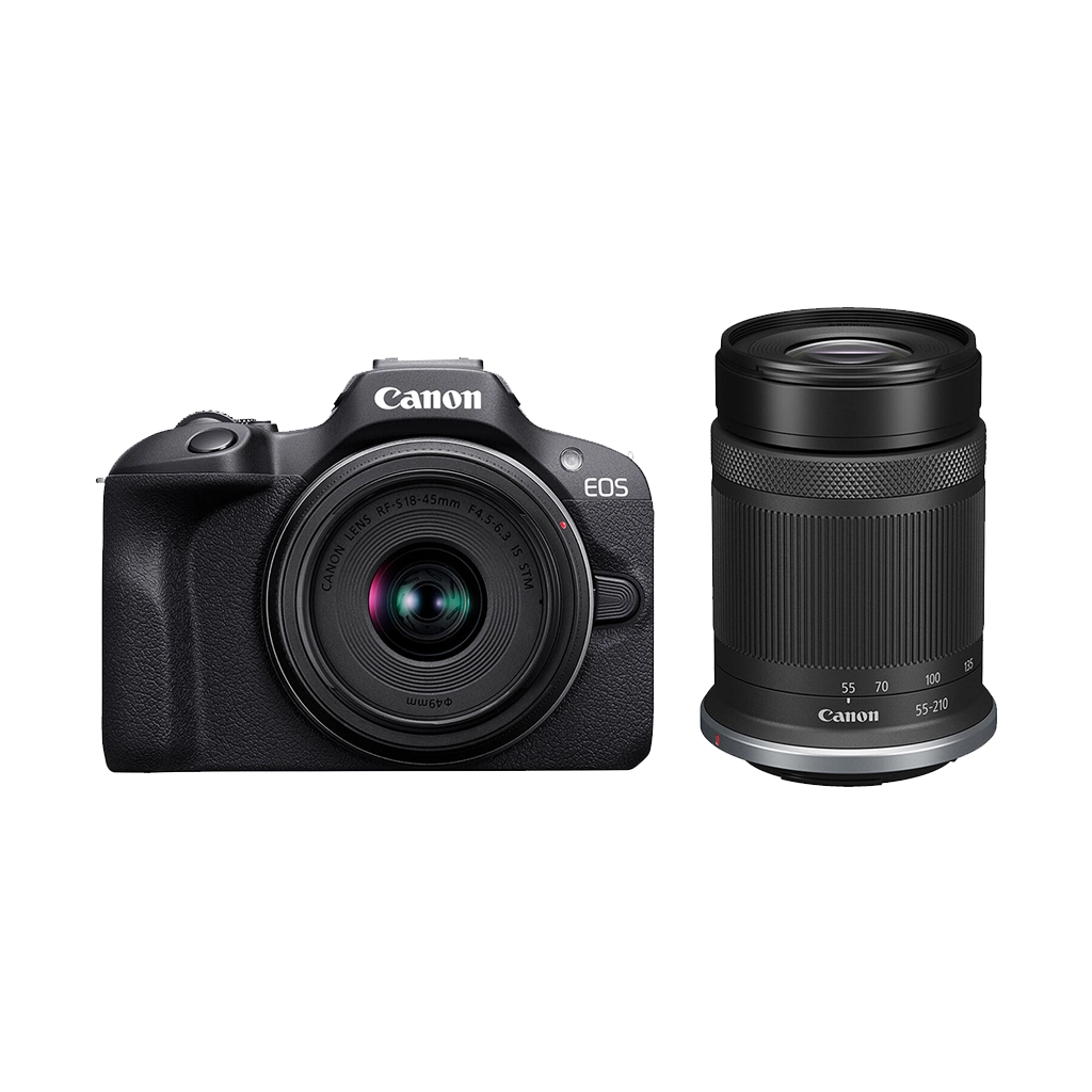 Canon EOS R100 Mirrorless Camera with 18-45mm and 55-210mm Lens Kit + FREE ORMS Cleaning Kit, Strap, Card Holder (Valued at R735)