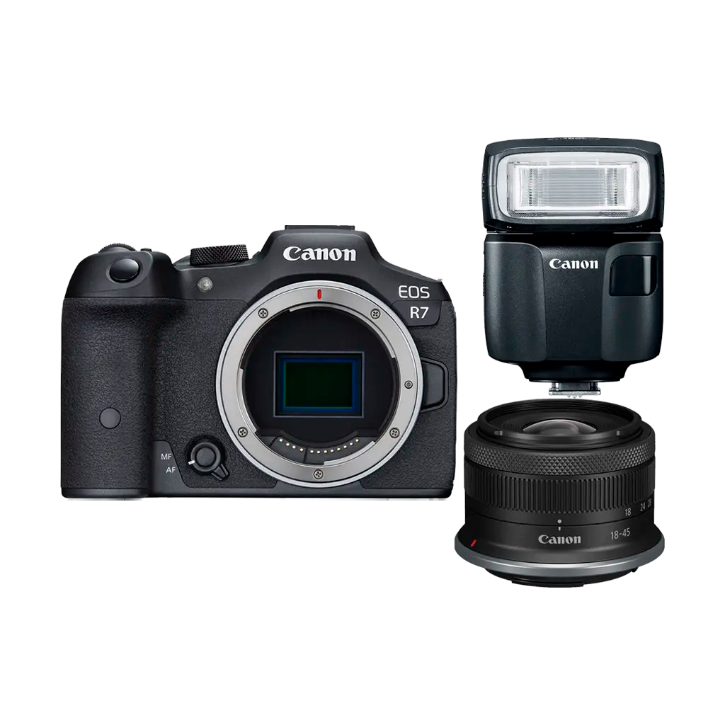 Canon EOS R7 Mirrorless Camera Body with Canon RF-S 18-45mm Lens and Speedlite EL-100