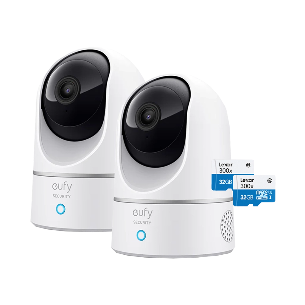 Eufy Security eufy Indoor Cam - 2K with Pan and Tilt (Twin Pack Bundle) with 2x Lexar 32GB High Performance 300x microSDHC Memory Cards (UHS-I)
