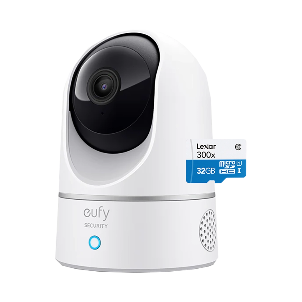 Eufy Security eufy Indoor Cam - 2K with Pan and Tilt with Lexar 32GB High Performance 300x microSDHC Memory Card (UHS-I)