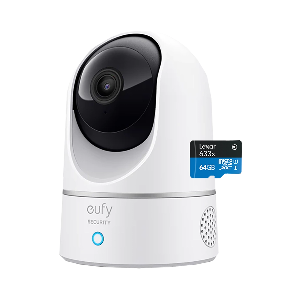 Eufy Security eufy Indoor Cam - 2K with Pan and Tilt with Lexar 64GB microSDXC 633x 95MB/s UHS-I Memory Card