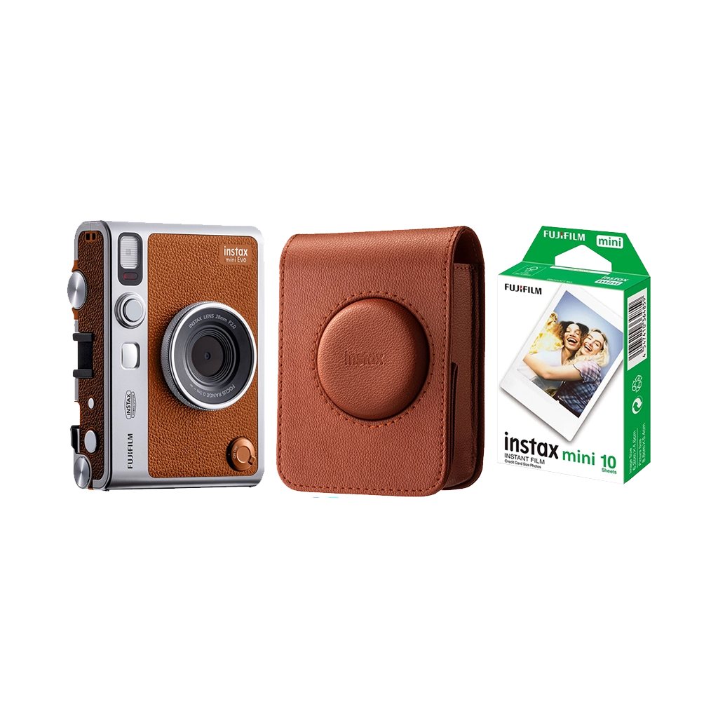 Fujifilm Instax Mini Evo Hybrid Instant Camera (Brown) with 1 Fujifilm Instax Mini Instant Film and Instax Evo Case (Brown)