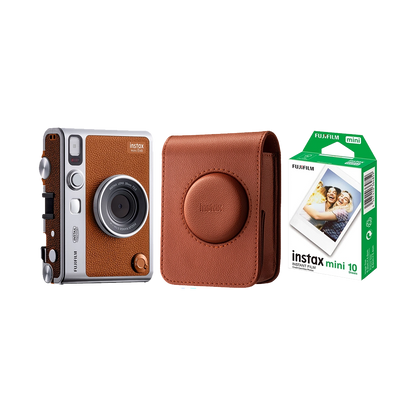Fujifilm Instax Mini Evo Hybrid Instant Camera (Brown) with 1 Fujifilm Instax Mini Instant Film and Instax Evo Case (Brown)