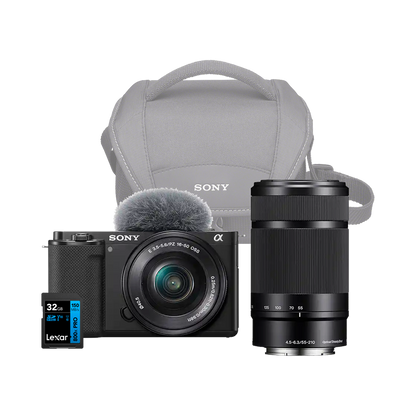 Sony ZV-E10 Mirrorless Camera with 16-50mm and 55-210mm Lens + Sony Soulder Bag and 32GB SD Card (Black)