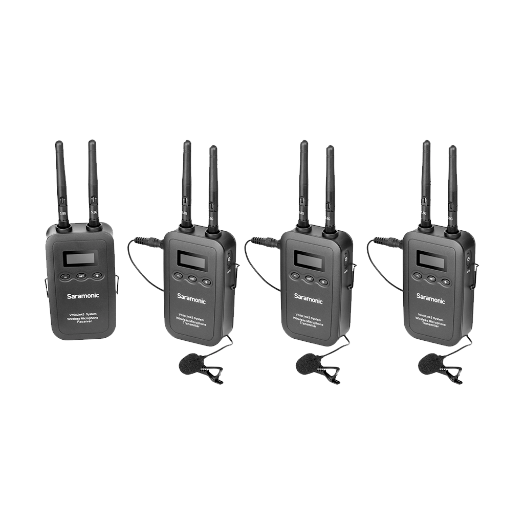 Saramonic VmicLink5 RX+TX+TX+TX Camera-Mount Digital Wireless Microphone System with Three Bodypack Transmitters and Lavalier Mics